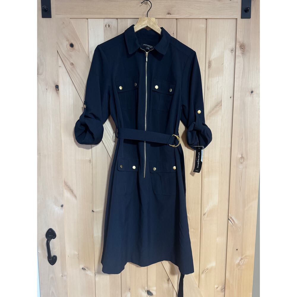 Sharagano | NWT Navy Blue Belted Zipper Shirt Dress | Size 14W